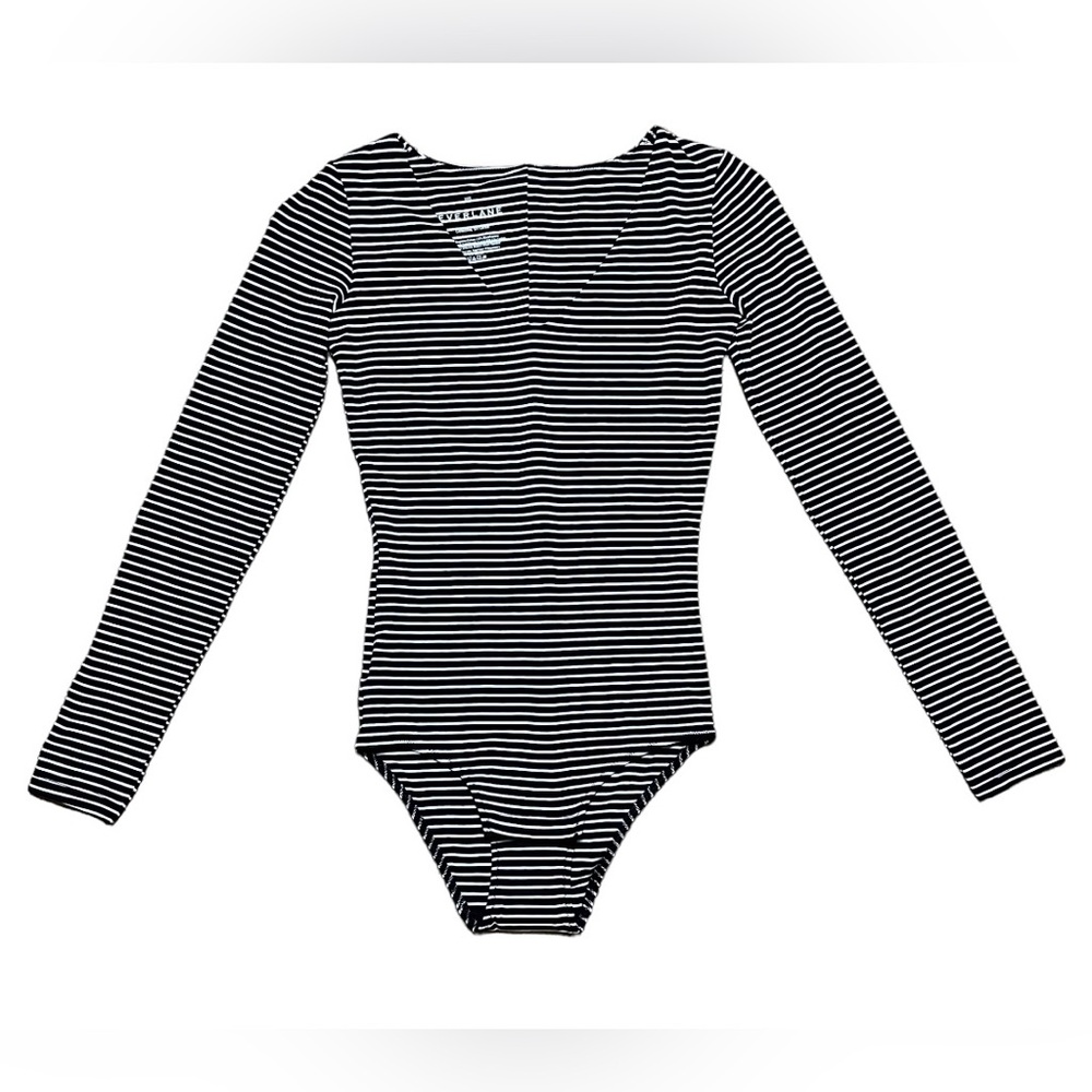 Everlane Supima Cotton V-Neck Long Sleeve Body Suit Black & White Stripes Sz XXS